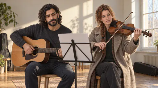 A slim bearded man strums a guitar while a freckled woman with a loose auburn braid draws a bow across a violin, both watching a blank sheet on a plain music stand between them in a small rehearsal room in broad afternoon light.