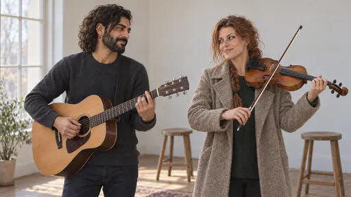 A slim bearded man with a guitar held ready and a freckled woman with a loose auburn braid holding a violin under her chin with the bow poised stand side by side in a small rehearsal room, looking at each other in bright even window light.