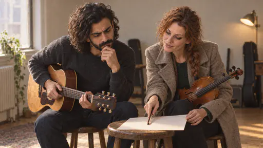 A slim bearded man with a guitar across his knee and a freckled woman with a violin and bow lean together over a single blank sheet of paper on a stool in a small rehearsal room, she pointing with her bow, in warm lamplight.