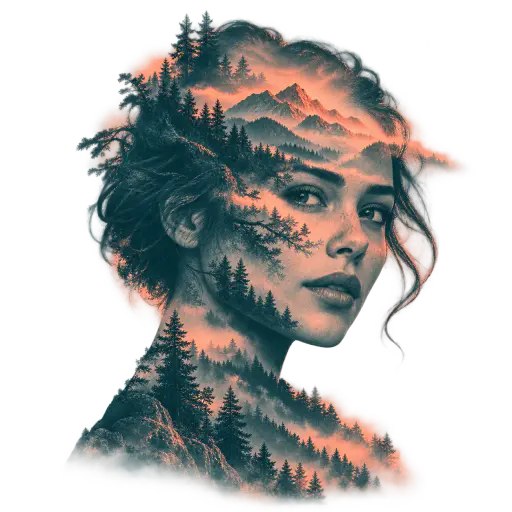 Duotone poster double exposure of an invented adult in three-quarter view blended with a layered mountain-forest ridgeline, the ridgeline crossing at eye level and conifer texture filling the hair mass, rendered in deep teal and warm coral inks with both eyes readable in the dark teal.