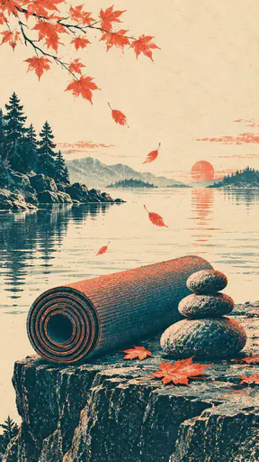 A rolled yoga mat on a stone ledge above calm water with falling leaves and three balanced stones in a two ink teal and coral poster on aged ivory paper.