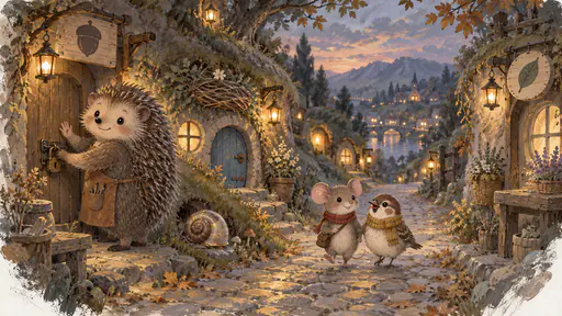 A cobbled lane of tiny animal workshops glows with tiny lanterns at dusk, a mended snail shell, a new blue round door and a rewoven nest in view, while a hedgehog in a leather apron locks his shop door and waves to a mouse and a sparrow walking home together.