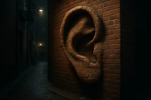 A wide-angle urban vignette where a monumental ear emerges from brick walls in a dim alley, suggesting secrets and eavesdropping. Muted tones, deep shadows and subtle textures make the scene feel intimate, watchful and quietly uncanny.