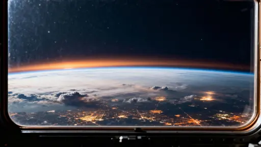 A low-orbit, eye-level view through a subtle spacecraft window frames Earth's curved horizon in 16:9, with glowing atmosphere, warm sunrise rim, and night-side city lights.