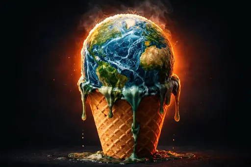 A striking conceptual image of the Earth as a melting ice cream scoop to symbolize climate change, presented as a professional macro product photograph.