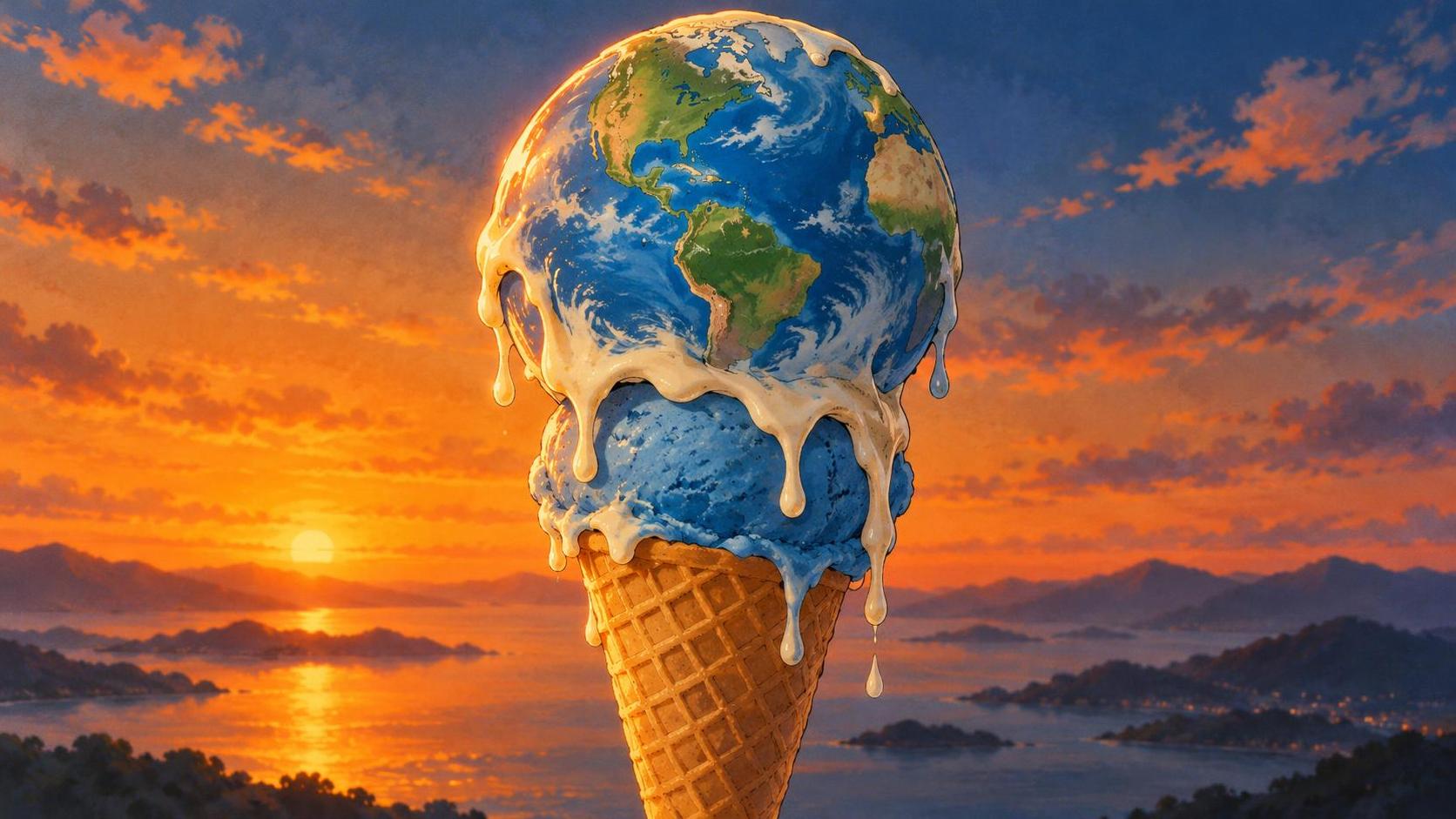 An illustrated Earth-shaped ice cream scoop melting on a waffle cone against an orange and slate dusk sky.