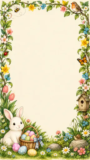 A tall cream storybook card background with a curling vine border of leaves, daffodils, tulips and small spring flowers, a robin, a bee, a butterfly and a birdhouse on the border, a white rabbit beside a basket of pastel painted eggs at the lower left with a snail and loose eggs in the grass and a large empty cream centre.