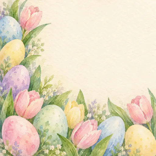 A square cream watercolor paper card background with pastel speckled eggs and pink and yellow tulips with leaves and small white flowers in the lower left corner, rising up the left edge and along the bottom, and a large open cream area.