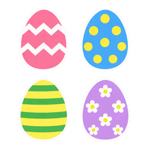 Four separate Easter egg stickers with white borders on a transparent background: pink with white zigzags, blue with yellow dots, yellow with green stripes and lilac with small flowers.