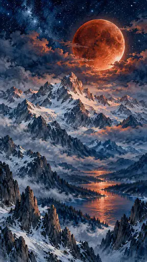 A total lunar eclipse with a deep copper red moon rises over a jagged mountain range with snow on the peaks under a starry sky.