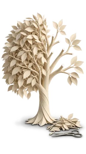 Editing is pruning a paper tree — a sculptural tree built from layered blank manuscript paper stands with a dense cluttered crown half and a freshly pruned open half; cut paper twigs and plain steel scissors rest at its base, picturing the meaning of editing as pruning: removing excess reveals and strengthens a creative work.