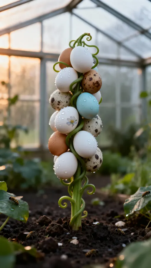 A single waist-high plant resembling an eggplant stalk grows clusters of smooth chicken eggs in a garden bed, dew-kissed and sharply focused against a soft greenhouse backdrop.