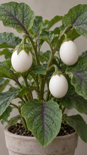 Eggplant: A potted plant with broad veined leaves bearing three white eggs growing from its stems like fruit.