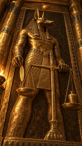 The Egyptian god Anubis, a jackal-headed man in a broad collar, stands beside golden scales weighing a small jar against a plain feather before tall columns in hammered gold relief.