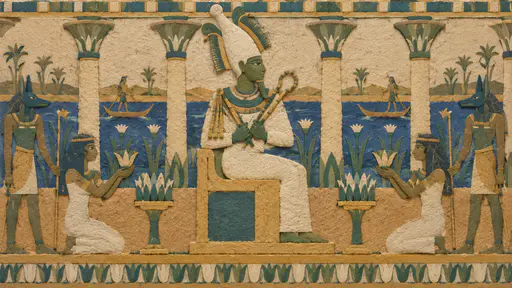 The Egyptian god Osiris sits enthroned in profile as a green-skinned mummiform king in a tall white plumed crown holding the crook and flail in pressed paper pulp.
