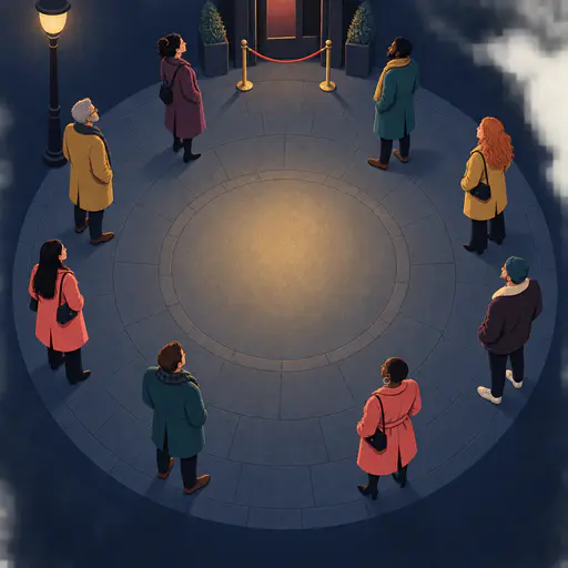 Eight fictional adults in coats and jackets wait in a curved line outside a club in a radial motif drawing arranged evenly around an open pavement circle with a rope barrier.