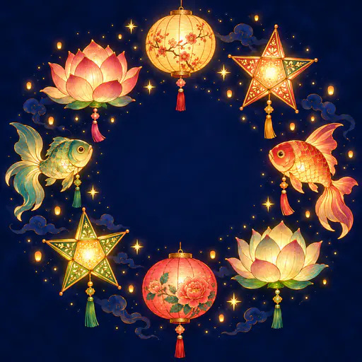 Eight glowing paper lanterns shaped like a circle, a star, a fish and a lotus are arranged evenly around one open empty centre with floating sparks on a deep indigo night ground.