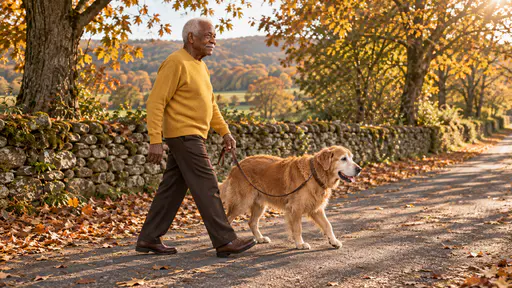 An elderly man with close-cropped white hair and a white moustache in a mustard sweater walks slowly with an old golden retriever with a grey-white muzzle and a brown collar along a tree-lined lane with a stone wall and fallen leaves in late-afternoon sun.