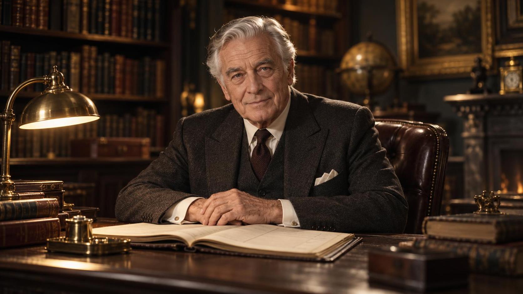 An elderly man with silver hair and kind eyes sits at a wooden desk with his hands folded over an open ledger and a brass lamp beside him in a quiet study with bookshelves behind.