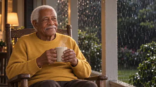 An elderly man with close-cropped white hair and a neat white moustache, in a mustard sweater, sits in a wooden rocking chair on a covered porch holding a steaming mug in both hands, rain falling past a porch post into a garden and a lamp glowing behind him.