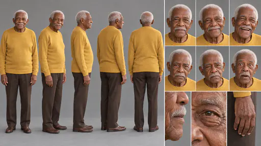 A 16:9 studio character sheet of an elderly man with white hair and a moustache in a mustard sweater, brown trousers and leather shoes, shown in five full-body views, six expressions and three close details.