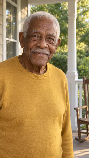 An elderly man in his mid eighties with close-cropped white hair, a neat white moustache and warmly creased skin, in a plain mustard-yellow sweater on a sunlit porch with a white post and a wooden rocking chair.