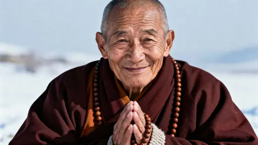 A close, human portrait of an elderly monk smiling gently with prayer beads in hand, detailed natural wrinkles and warm skin tones against a softly blurred snowy background, framed cinematic and emotive within a 16:9 crop.
