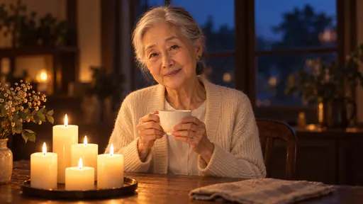 An elderly woman with silver-white hair in a low bun and jade bead earrings, in a cream cardigan, holds a porcelain teacup in both hands behind five lit pillar candles of different heights at a wooden table, a dark blue dusk window behind her.