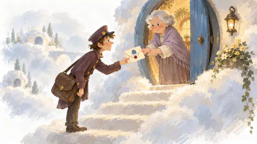 An elderly woman in a lavender shawl stands at a small open blue door at the top of pale cloud steps and reaches out with a smile to take a sealed envelope from a lanky courier in a plum coat who bows on the last step, warm gold light spilling from the doorway.