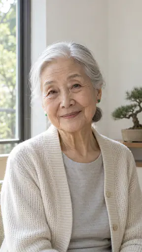 An elderly woman in her early eighties with silver-white hair in a low bun, small jade earrings and a cream knit cardigan over a grey top, seated by a tall window with a small bonsai pine on a shelf.