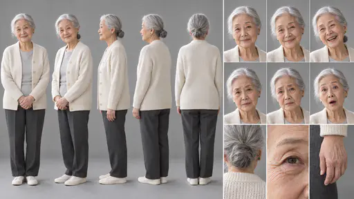 A 16:9 studio character sheet of an elderly woman with a silver bun in a cream cardigan, charcoal trousers and off-white sneakers, shown in five full-body views, six expressions and three close details.