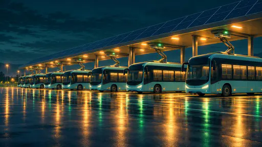 An electric bus charging depot at night with a row of buses under a solar canopy, pantograph chargers lowered onto their roofs, green charge lights and wet reflective tarmac.