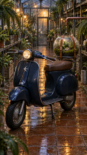 A midnight-blue vintage electric scooter with a swallow badge carries a glass moss terrarium on its rear rack in a wet greenhouse aisle.