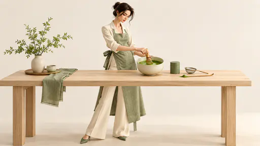 A stylized 3D adult character in a sage linen apron whisks bright green matcha in a wide ceramic bowl with a bamboo whisk beside a blank tin, a sieve and a bamboo scoop at a pale wooden counter.