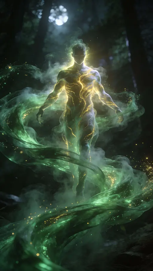 Humanoid elemental entity sculpted from light and mist, portrayed in a cinematic portrait photography style with vertical framing for poster or mobile use.