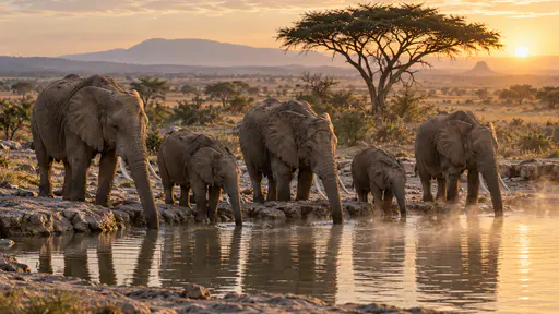 An elephant herd of five drinks in a line along the flat grey rock rim of a shallow waterhole with an acacia silhouette behind in warm low dawn light and gentle mist over the water.