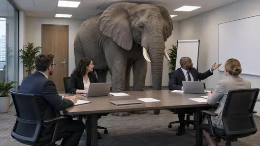 Elephant in the room: a wide eye-level surreal editorial scene of a full-size grey elephant standing between the table and ceiling of a small office conference room while four colleagues deliberately face away and keep meeting, every wall and notepad blank under flat ceiling light.