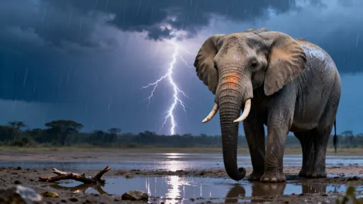 A massive elephant stands in heavy rain with a lightning bolt flashing behind it, water streaming and dripping from its leathery skin with realistic wet detail and cinematic drama.