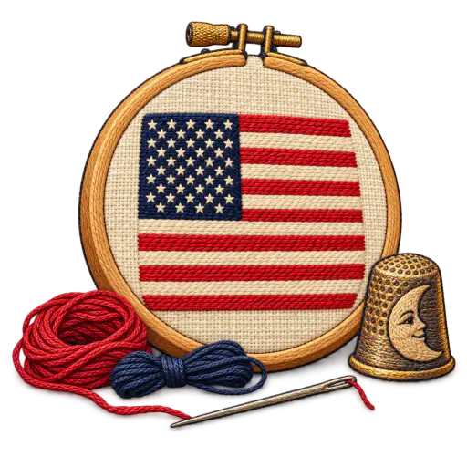 Embroidered flag sampler in a hoop with counted canton stars and satin stitch stripes. Thirteen stripes and a neat canton come handmade.