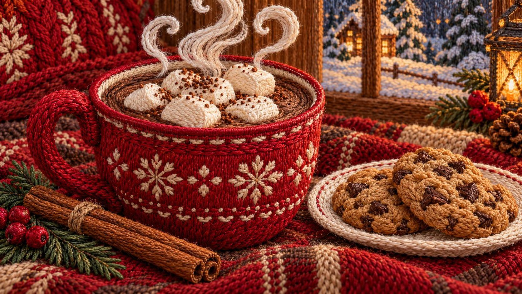 A large cup of hot chocolate topped with marshmallows and cocoa dust has a cinnamon stick and a small plate of cookies beside it with steam curling up on a cozy winter table.