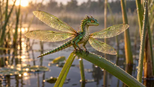 A tiny emerald dragon the size of a dragonfly perches on a green reed above still wetland water. Its head is plainly reptilian, with a short snout, two small brow horns, amber slit-pupil eyes and fine scales from snout to tail, and two pairs of long transparent dragonfly wings extend outward…