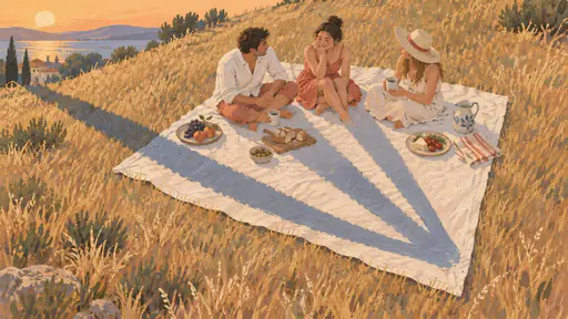 High oblique flat gouache view of a chalk white picnic blanket on dry grass with three corners set with simple dishes, cups and a loaf and the lower-right corner empty, three small figures in soft coral and chalk clothing finishing their meal along the upper half while three long deep blue shadows from a low left sun converge on the empty corner.