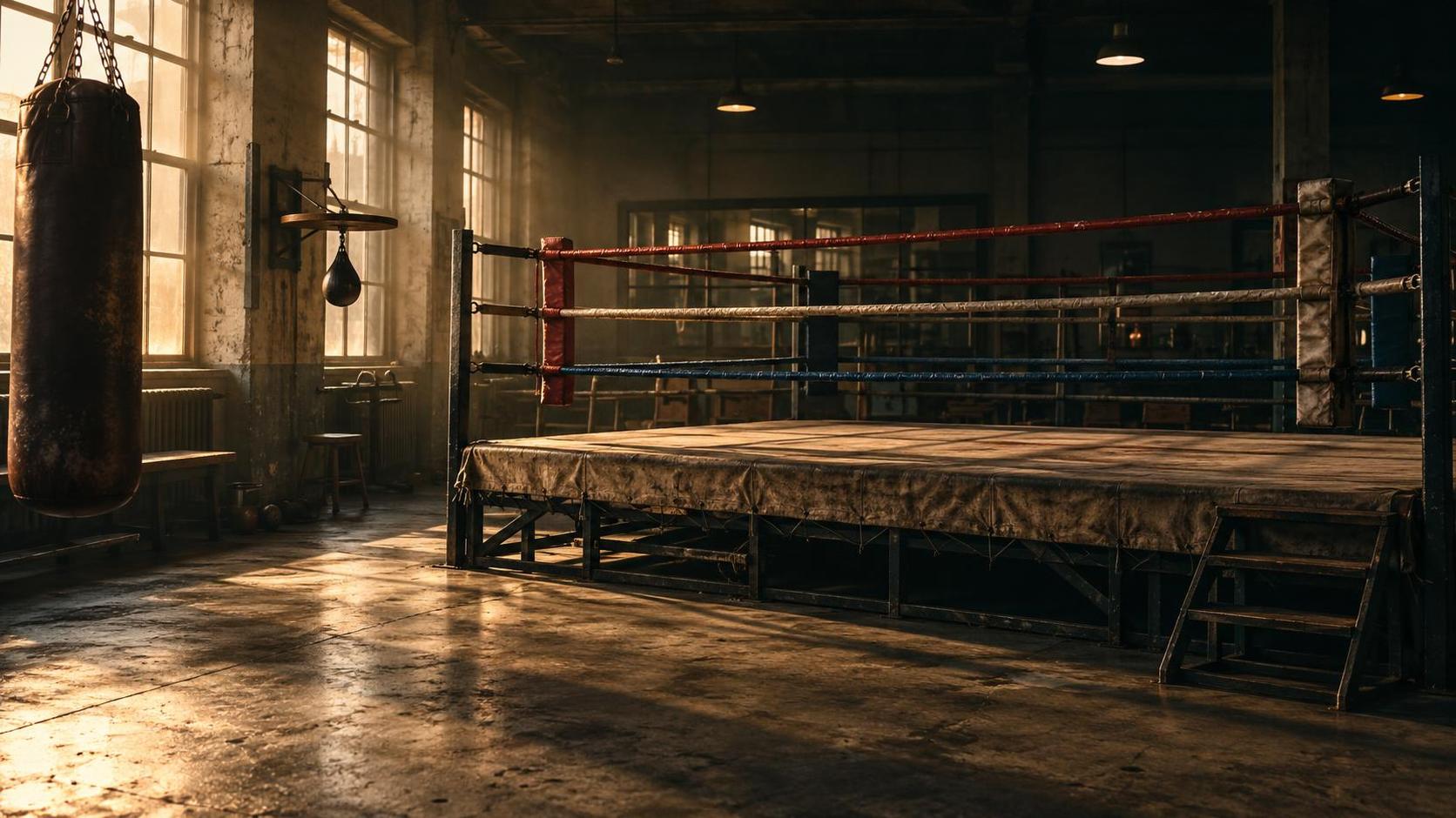 An empty boxing gym has a raised square boxing ring with taut ropes over a stained canvas, a heavy punching bag, a plain scuffed training floor and high windows casting hard daylight and long shadows.