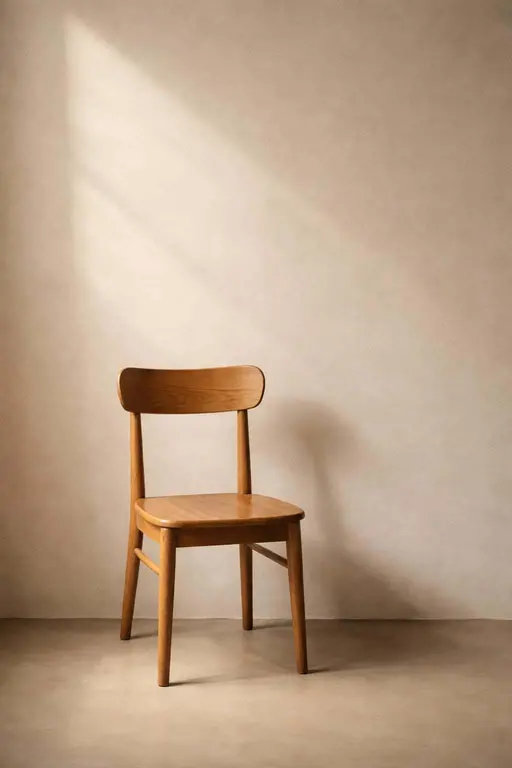 A solitary wooden chair sits in a quiet sunlit room, photographed as a 2:3 portrait composition with calm minimalism and soft, directional sunlight for a poster-cover mood.