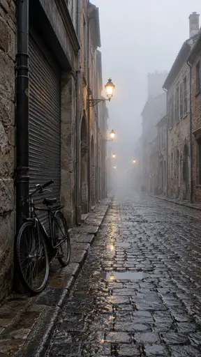 An empty narrow city street of old brick and stone buildings fades into thick fog with wet cobbles, glowing street lamps, a shuttered shop and a parked bicycle in the foreground.
