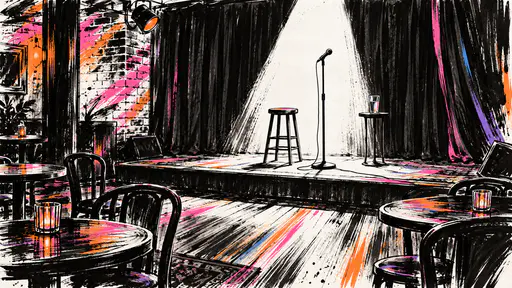 An empty comedy club stage has a black curtain backdrop, a single stool, a microphone stand, a water glass and a brick wall in bold black brush strokes with hot pink streaks.