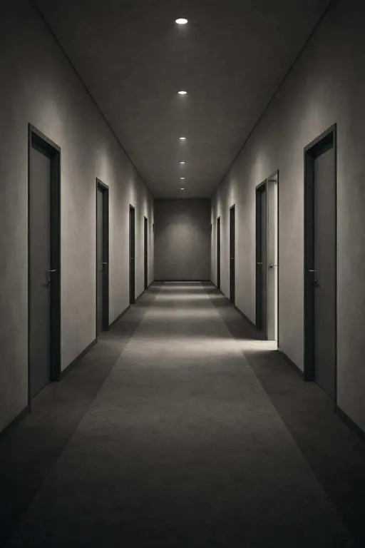 A minimalist architectural photograph of a wide, empty corridor with repeating doors and one slightly open door, framed for a 2:3 poster-cover crop with moody low-key light.