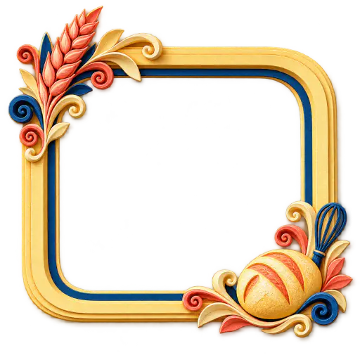 An empty rounded frame of stacked butter yellow cut paper with a deep blue inner edge has a coral wheat sprig in one corner and a small loaf in the opposite corner on a transparent background.