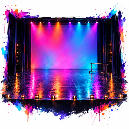 An empty glossy black dance floor with tall side wings, a bare cyclorama, a row of glowing floor lights and a wheeled barre is painted in neon magenta, cyan and violet.