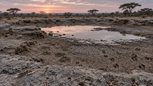 An empty waterhole at dawn with a drying cracked mud margin around the shrunken pool printed with fresh tracks of elephant, zebra and antelope and a feather on the flat rock rim, soft pink light and an acacia behind.